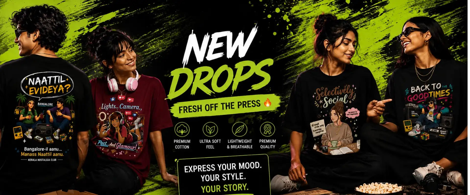 People wearing t-shirts with various designs and text, set against a green and black background with promotional text.