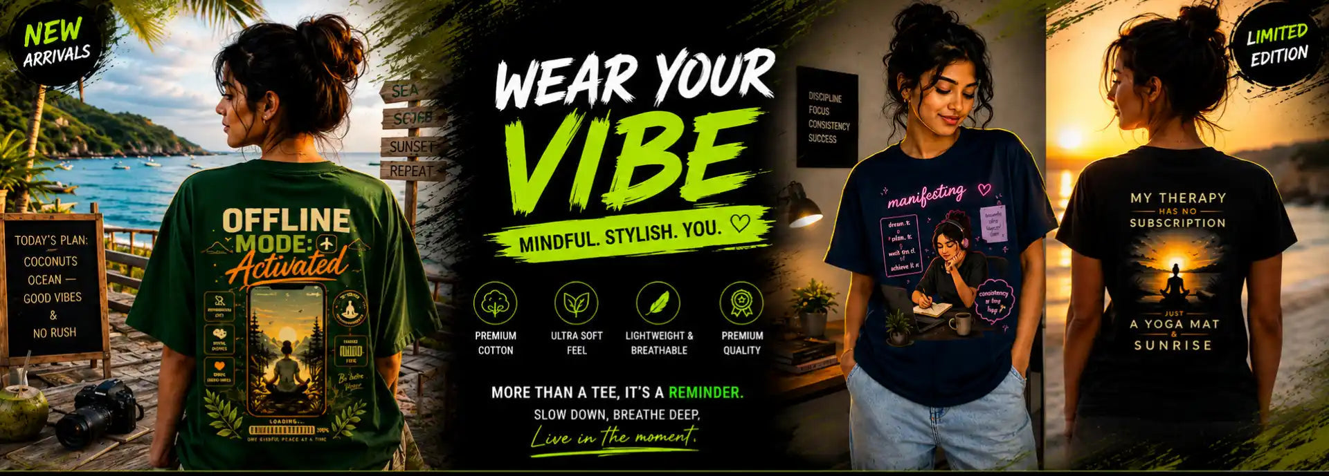 Promotional banner for 'Wear Your Vibe' t-shirts with people wearing the shirts and scenic backgrounds.