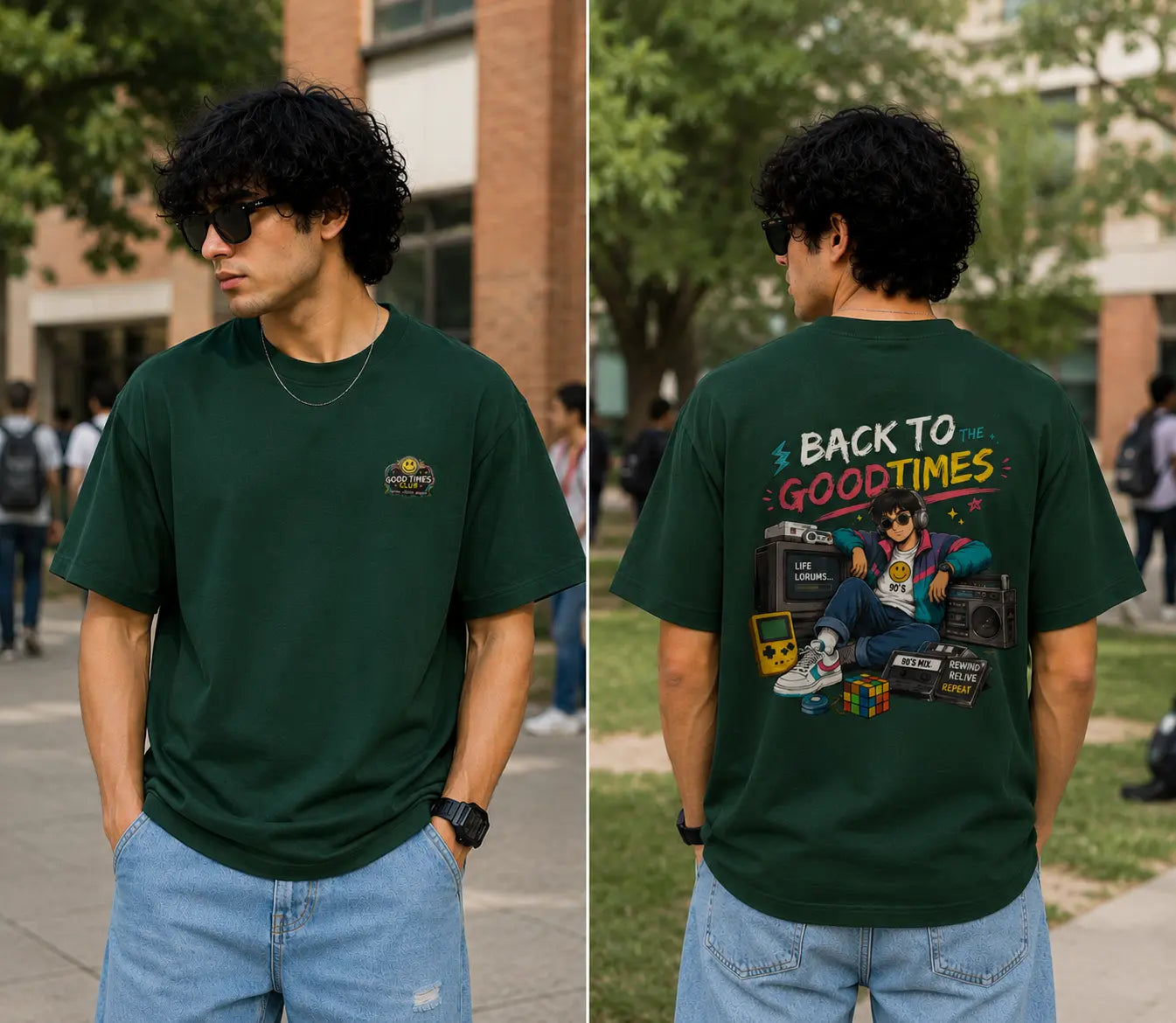 Person wearing a green t-shirt with a graphic design on the back, standing outdoors.