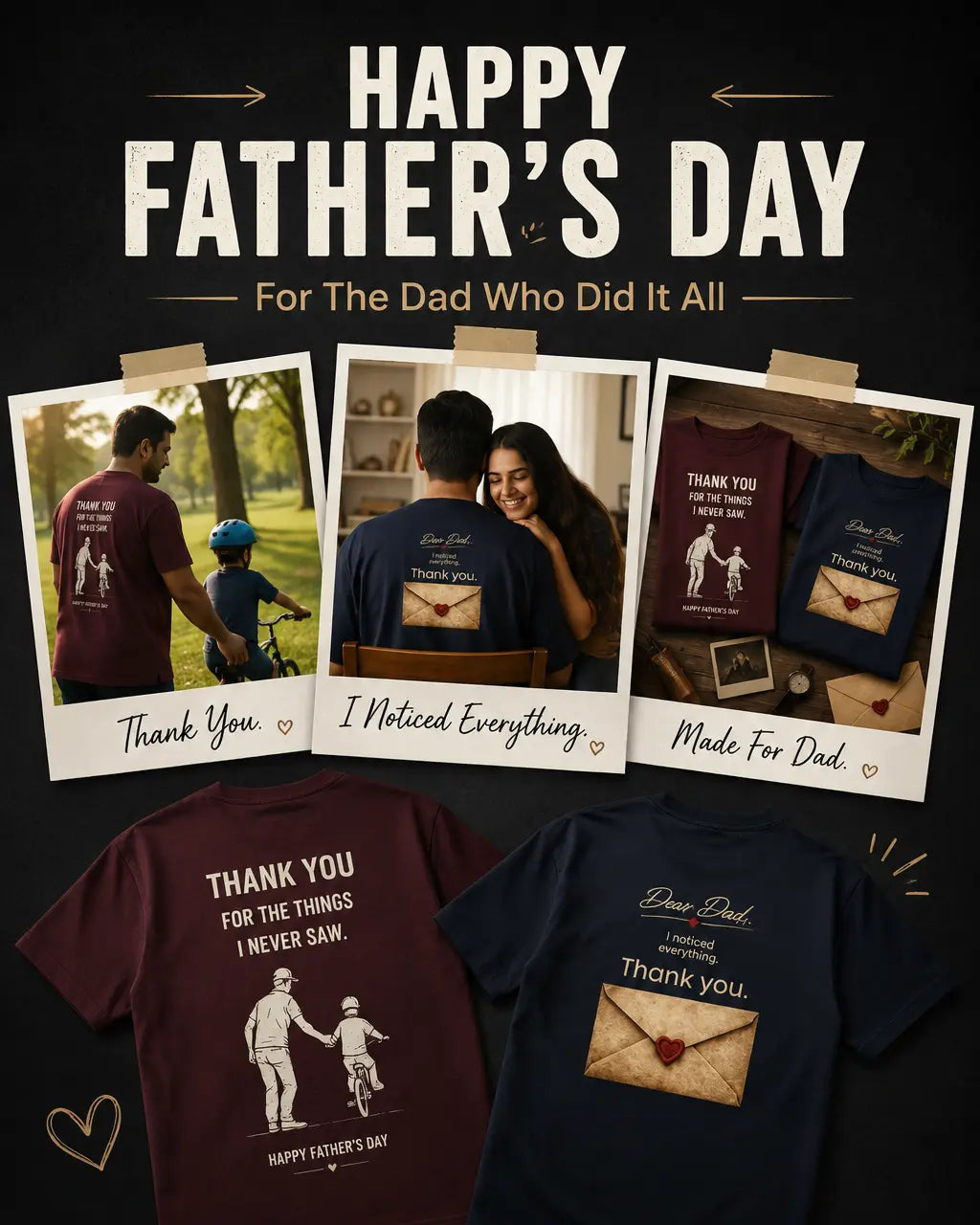 Father's Day t-shirts with text and images on a dark background