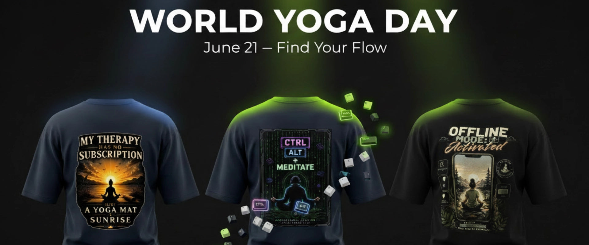 Three t-shirts with yoga-themed designs on a dark background, celebrating World Yoga Day.