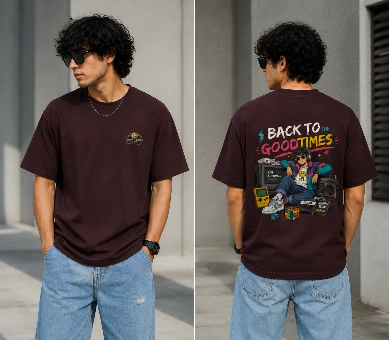 Person wearing a maroon t-shirt with a graphic design on the back, standing outdoors.