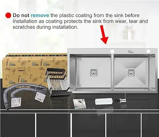 Fossa Silver Kitchen Sink - 32"x18"x10" Inch Stainless Steel Double Bowl Sink With Tap Hole,Drain Basket, Soap Dispenser, Siphon Drain - Topmount Sink for Campervan or Home Kitchen-3