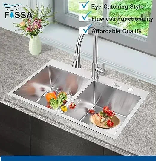 Fossa Silver Kitchen Sink - 32"x18"x10" Inch Stainless Steel Double Bowl Sink With Tap Hole,Drain Basket, Soap Dispenser, Siphon Drain - Topmount Sink for Campervan or Home Kitchen-4