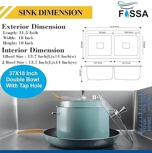Fossa Silver Kitchen Sink - 32"x18"x10" Inch Stainless Steel Double Bowl Sink With Tap Hole,Drain Basket, Soap Dispenser, Siphon Drain - Topmount Sink for Campervan or Home Kitchen-1