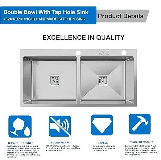 Fossa Silver Kitchen Sink - 32"x18"x10" Inch Stainless Steel Double Bowl Sink With Tap Hole,Drain Basket, Soap Dispenser, Siphon Drain - Topmount Sink for Campervan or Home Kitchen-2