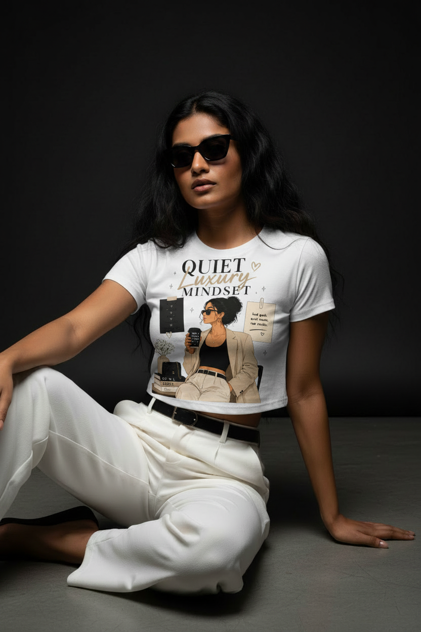 Quiet Luxury Mindset Graphic Crop Top – Women's Half Sleeve | 180 GSM Cotton