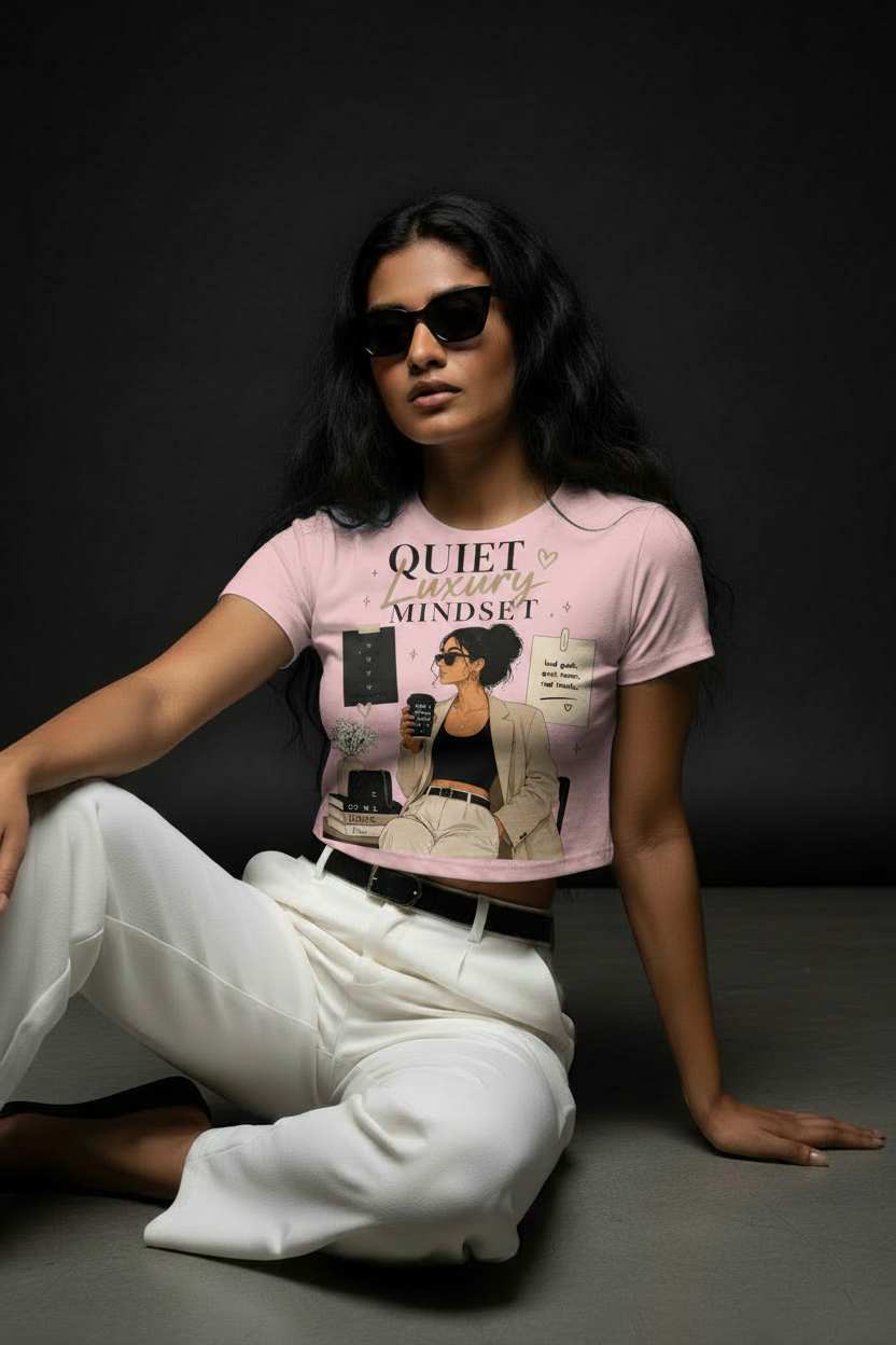 Quiet Luxury Mindset Graphic Crop Top – Women's Half Sleeve | 180 GSM Cotton