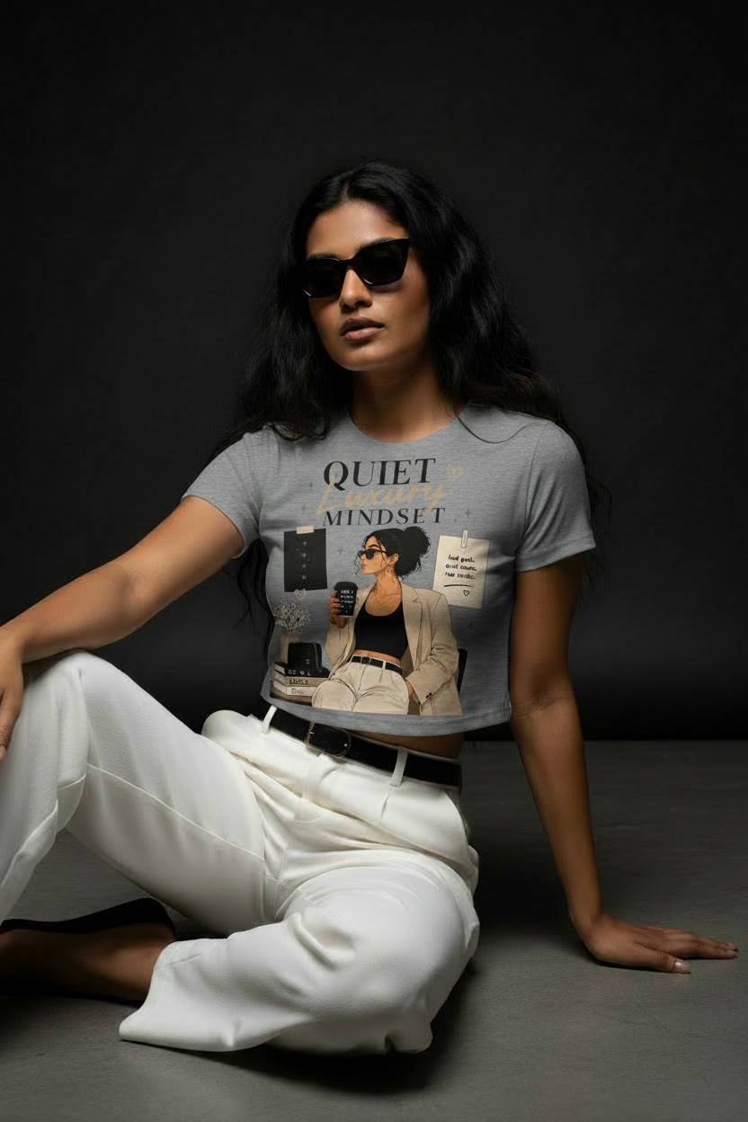 Quiet Luxury Mindset Graphic Crop Top – Women's Half Sleeve | 180 GSM Cotton