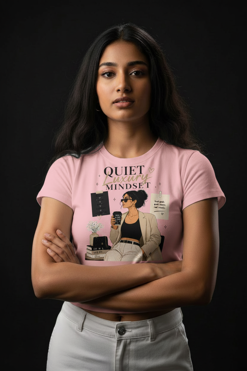 Quiet Luxury Mindset Graphic Crop Top – Women's Half Sleeve | 180 GSM Cotton
