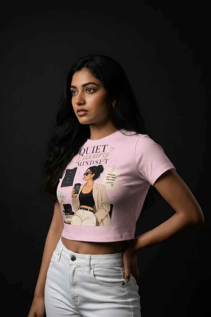 Quiet Luxury Mindset Graphic Crop Top – Women's Half Sleeve | 180 GSM Cotton