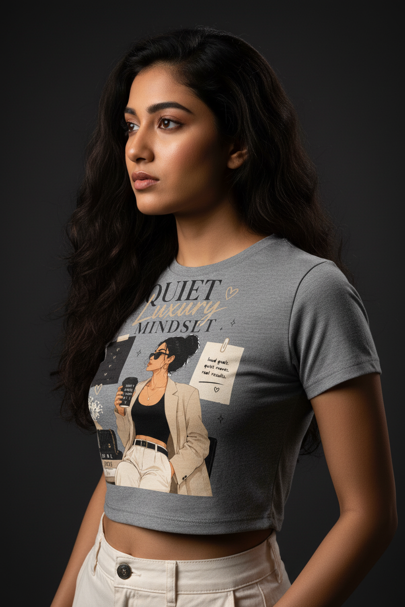 Quiet Luxury Mindset Graphic Crop Top – Women's Half Sleeve | 180 GSM Cotton