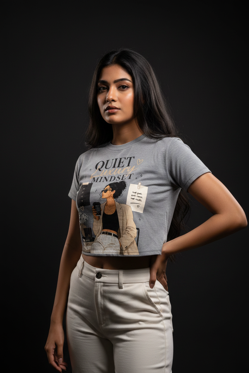 Quiet Luxury Mindset Graphic Crop Top – Women's Half Sleeve | 180 GSM Cotton
