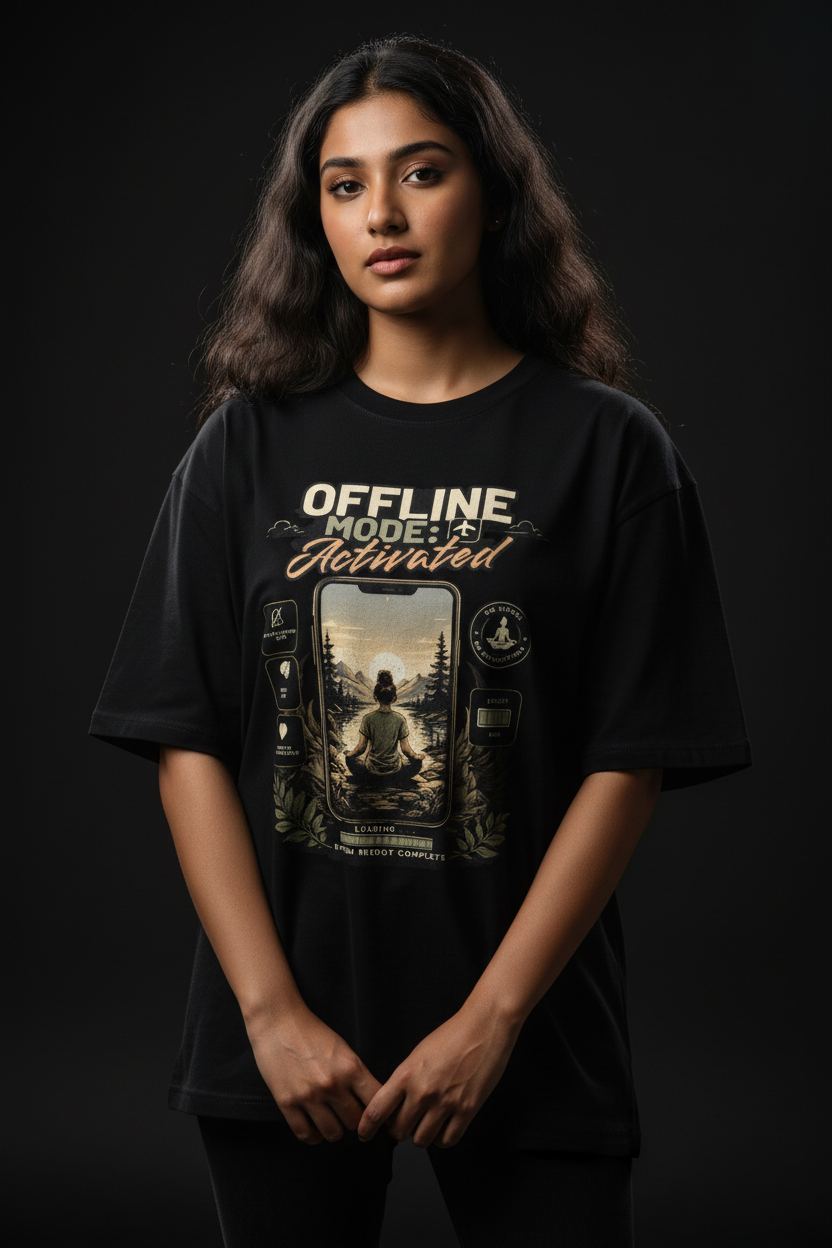 Offline Mode Activated oversized tee Black female model front