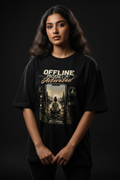 Offline Mode Activated oversized tee Black female model front