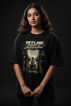 Offline Mode Activated oversized tee Black female model front