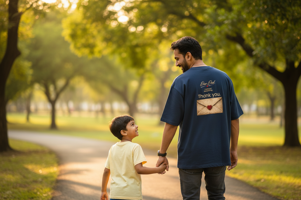 Dear Dad tee father child walking outdoors holding hands