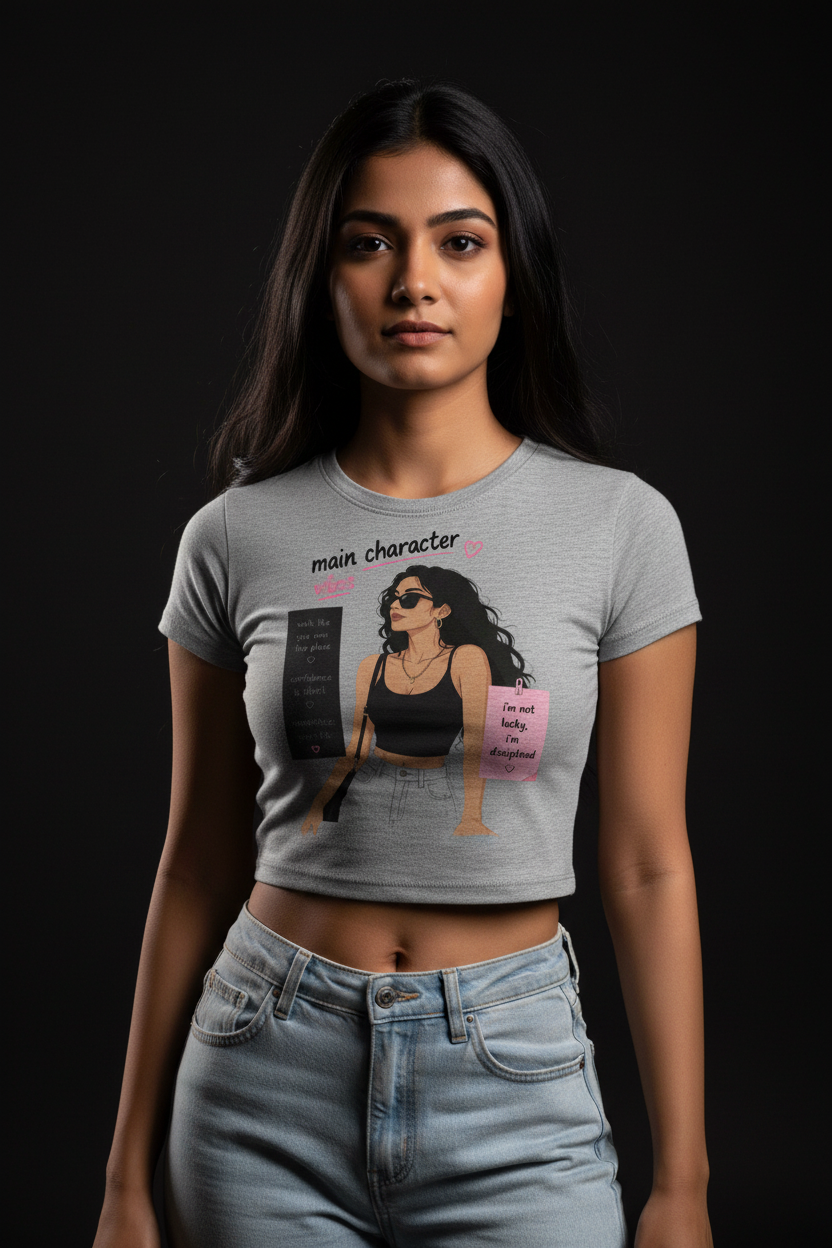 Main Character Vibes Graphic Crop Top – Women's Half Sleeve | 180 GSM Cotton