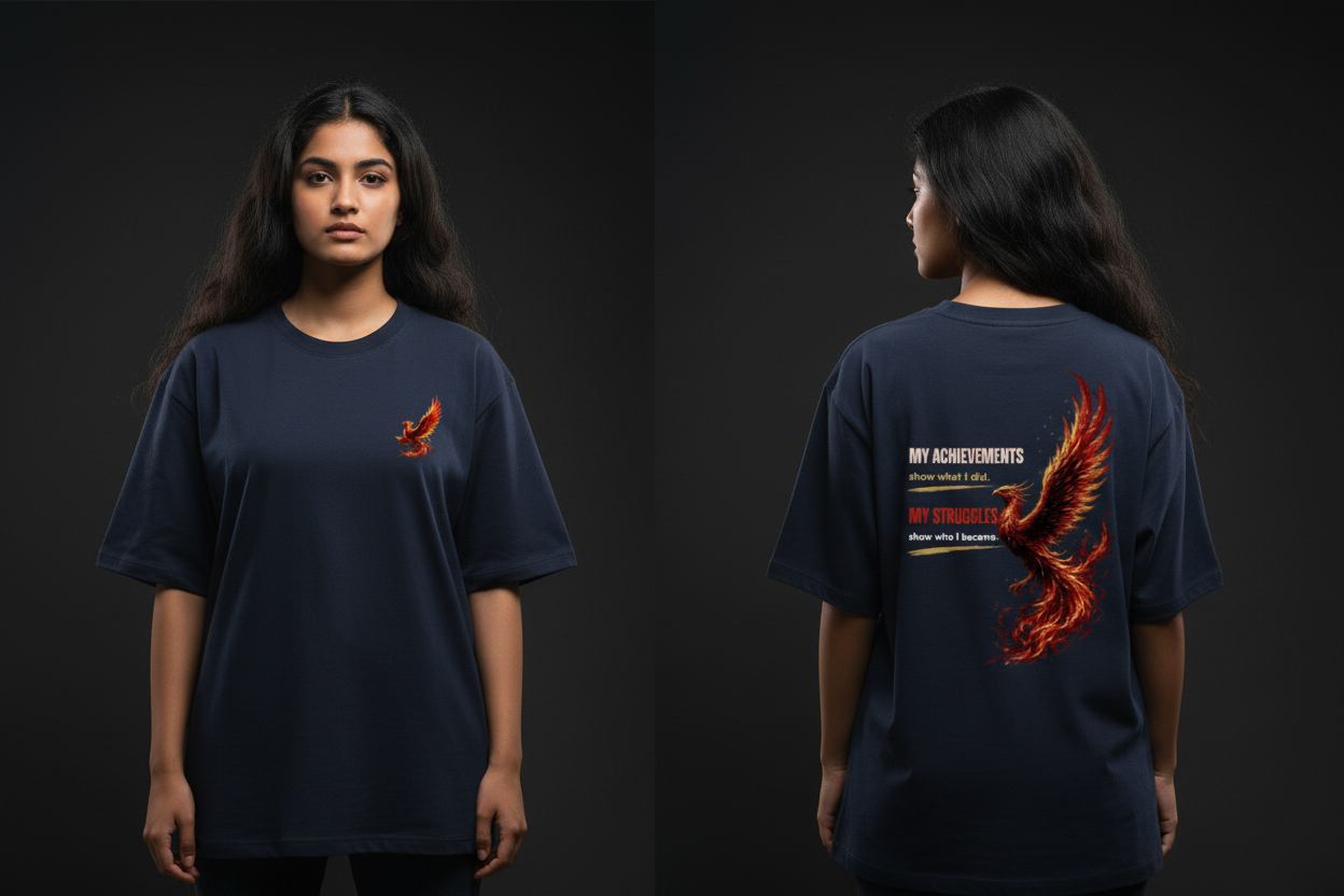 Phoenix tee Navy Blue female diptych front and back