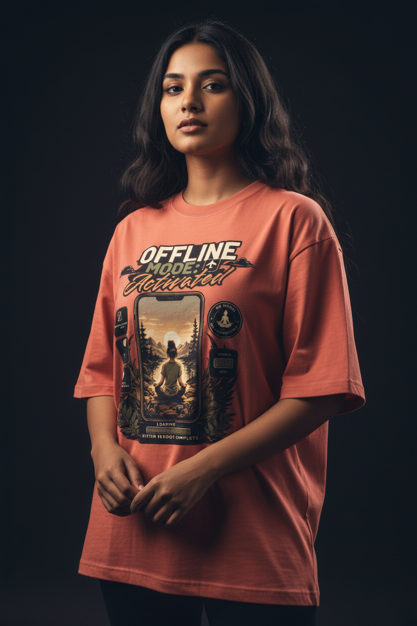 Offline Mode Activated oversized tee Coral female model front