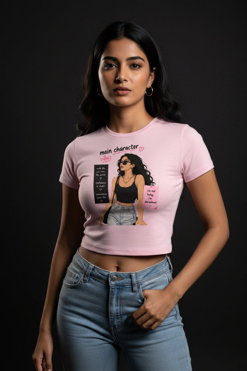Main Character Vibes Graphic Crop Top – Women's Half Sleeve | 180 GSM Cotton