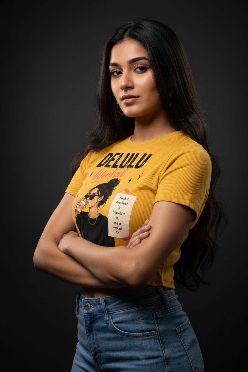 Delulu Worked Graphic Crop Top – Golden Yellow