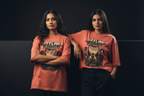 Offline Mode tee Coral two female models leaning against wall