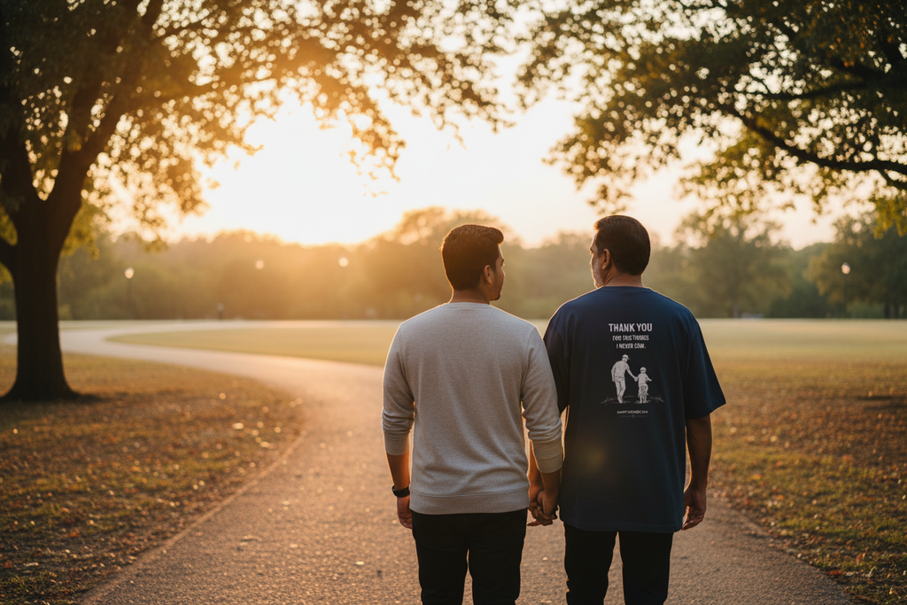 Thank You Dad tee Navy Blue son and dad walking sunset