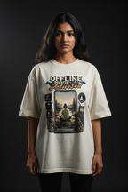 Offline Mode Activated oversized tee Off White female model front