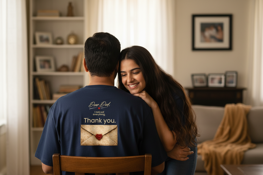 Dear Dad tee daughter gifting seated father back print visible