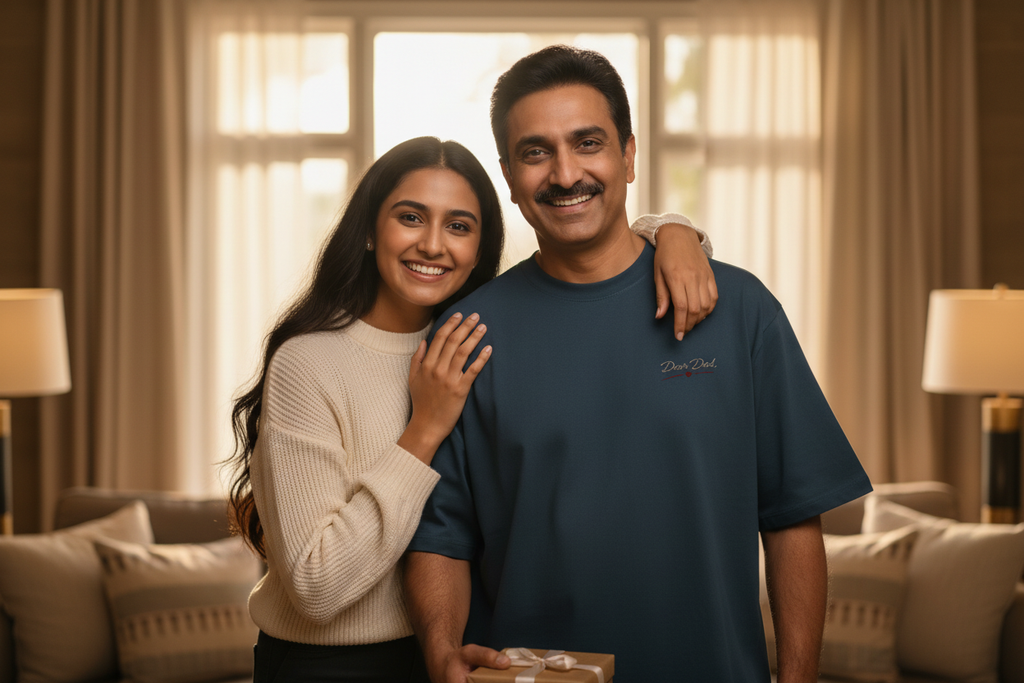 Dear Dad tee dad and daughter facing front chest logo visible