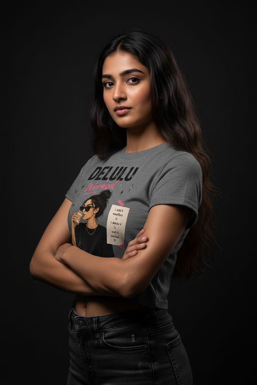 Delulu Worked Graphic Crop Top – Grey Melange