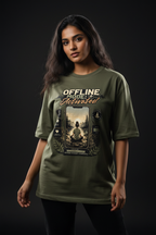 Offline Mode Activated oversized tee Olive Green female model front