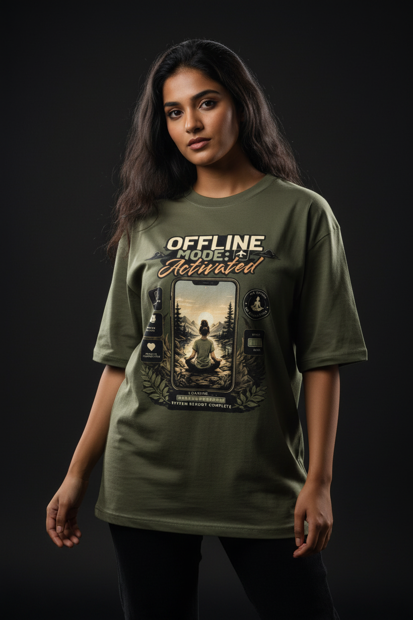 Offline Mode Activated oversized tee Olive Green female model front
