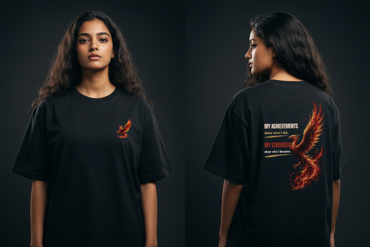 Phoenix tee Black female diptych front and back