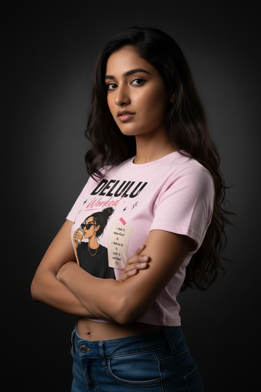 Delulu Worked Graphic Crop Top – Light Baby Pink