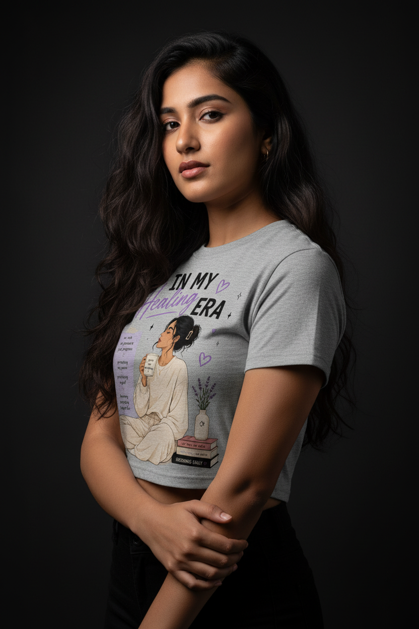 In My Healing Era Graphic Crop Top – Grey Melange