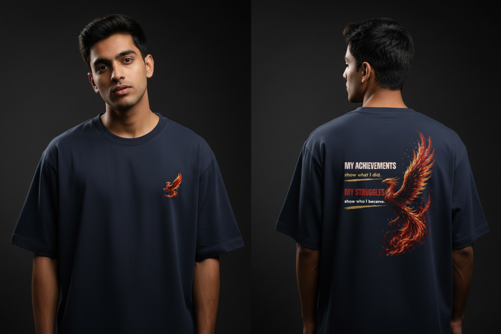 Phoenix tee Navy Blue male diptych front and back