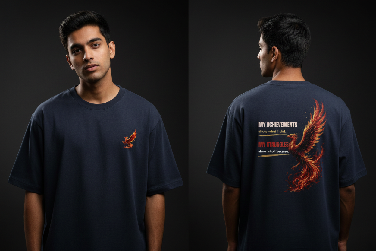 Phoenix tee Navy Blue male diptych front and back