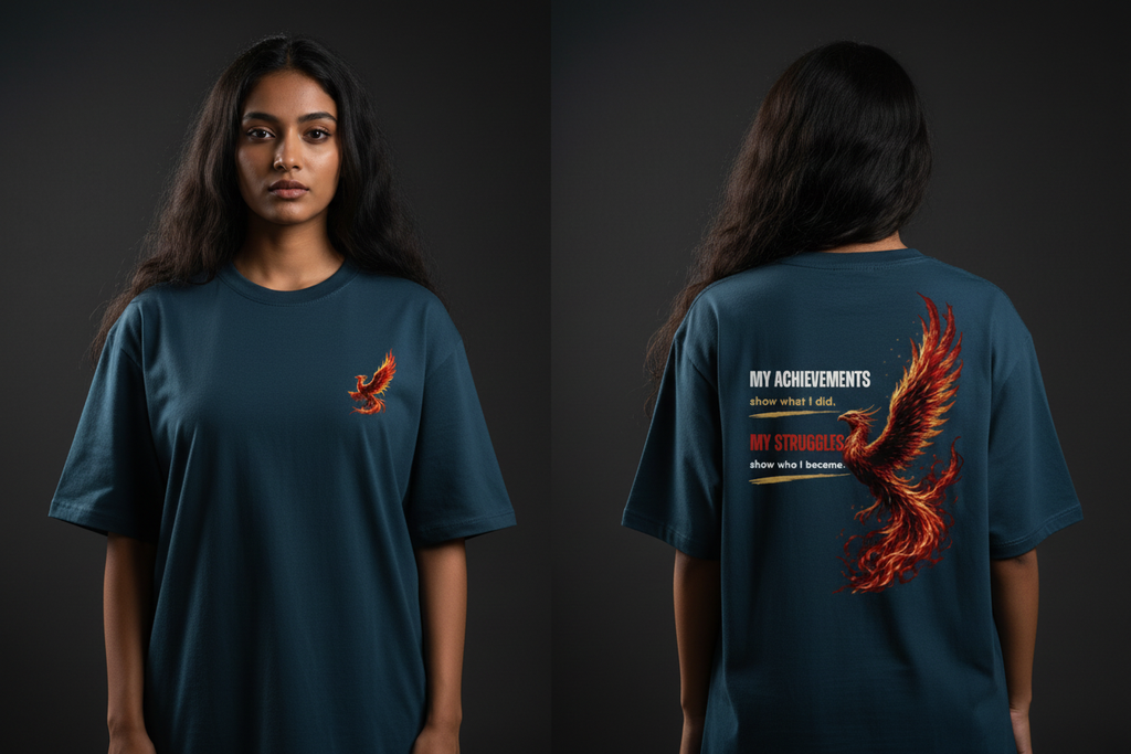 Phoenix tee Petrol Blue female diptych front and back