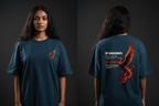 Phoenix tee Petrol Blue female diptych front and back
