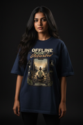 Offline Mode Activated oversized tee Navy Blue female model front