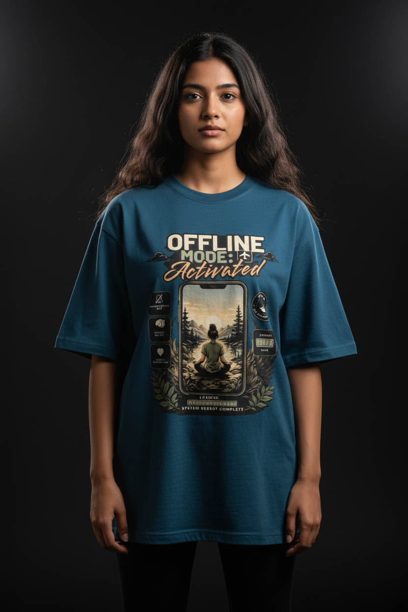 Offline Mode Activated oversized tee Petrol Blue female model front