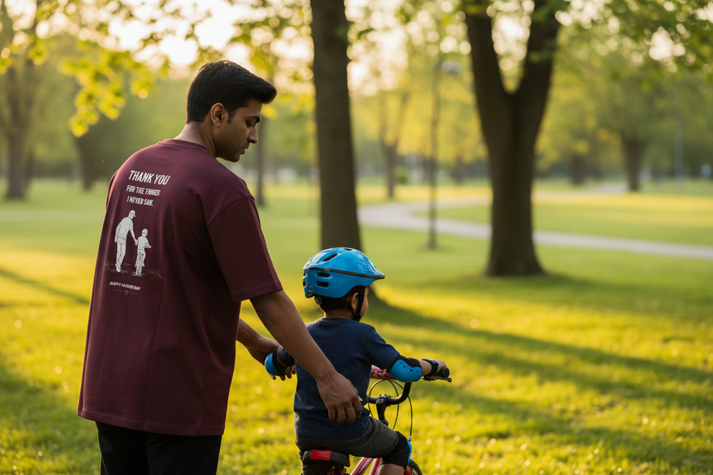 Thank You Dad tee Maroon father teaching child bicycle back print