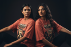 Offline Mode tee Coral two female models sitting back to back