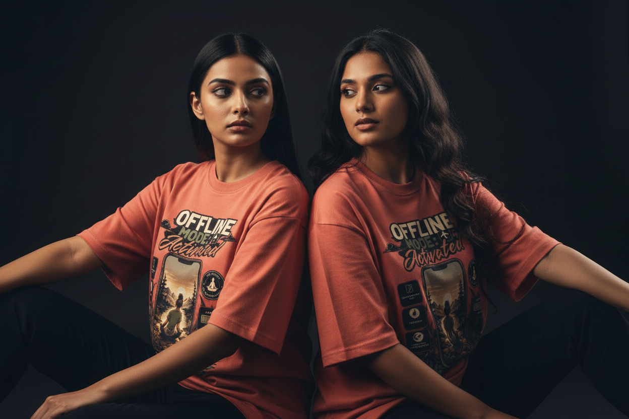 Offline Mode tee Coral two female models sitting back to back