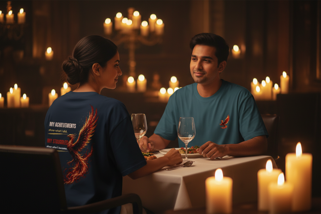 Phoenix tee couple candlelit dinner female Navy Blue back print male Petrol Blue front