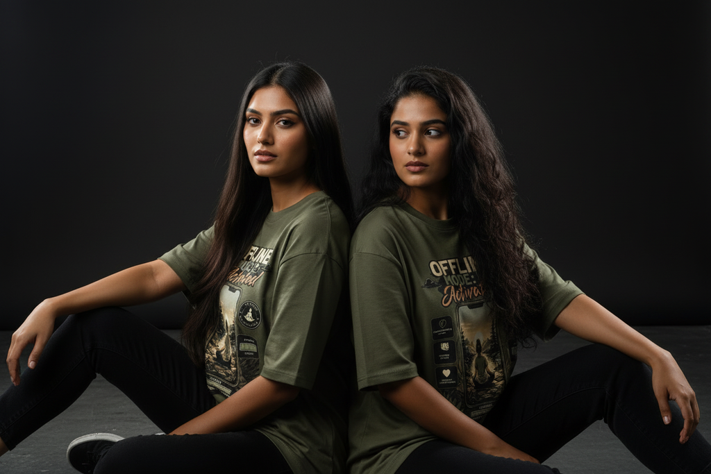 Offline Mode tee Olive Green two female models sitting back to back