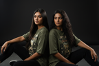 Offline Mode tee Olive Green two female models sitting back to back