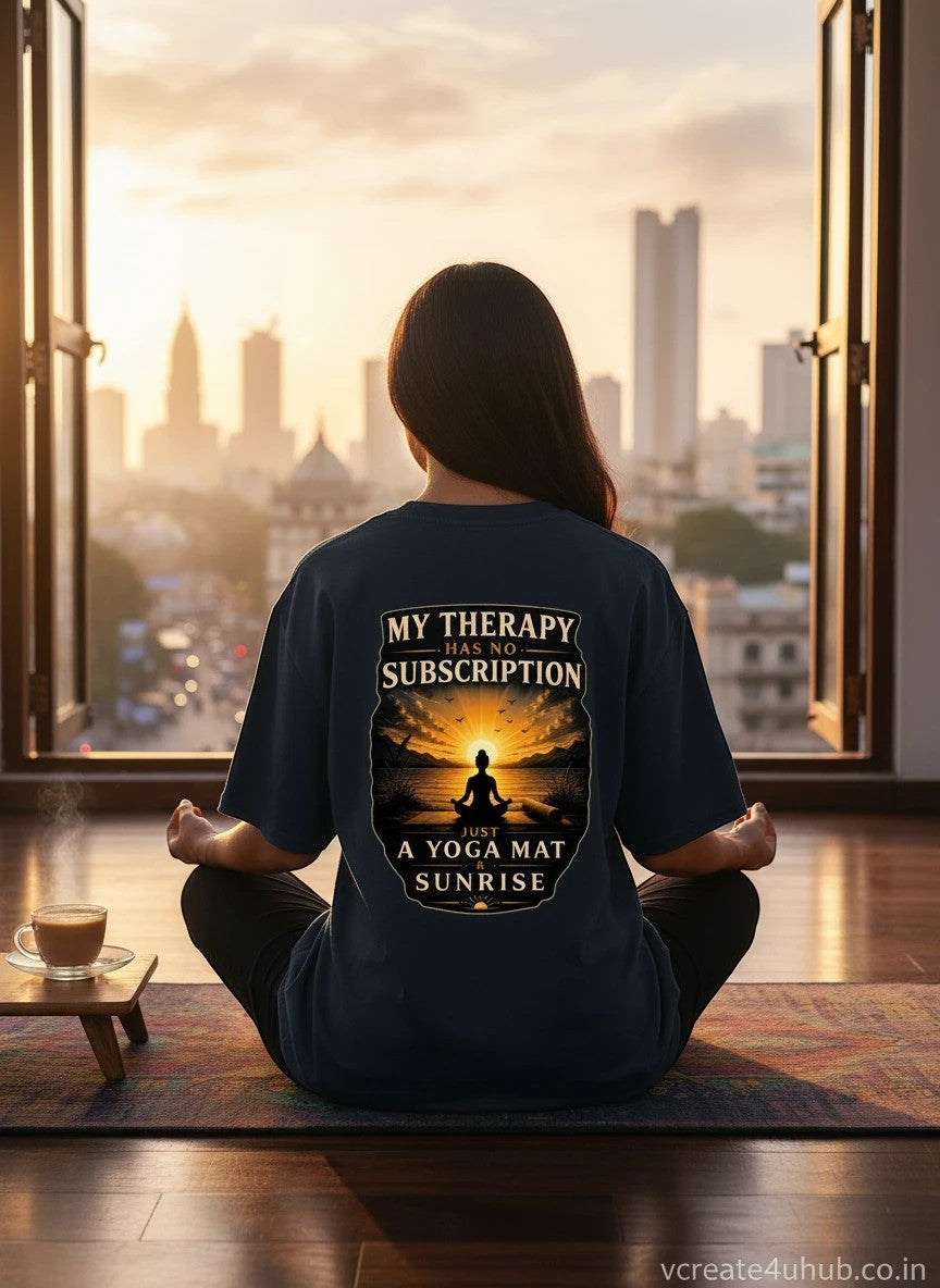 Dark blue graphic t-shirt with sunrise yoga graphic and text 'My Therapy Has No Subscription Just A Yoga Mat Sunrise'.